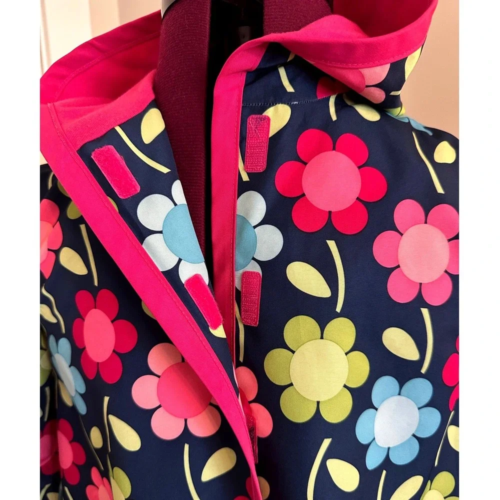 Gymboree Girls Navy Blue Floral Hooded Raincoat Pink Lining Size L 10-12